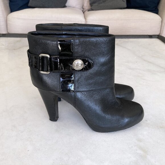 Coach black leather Gene ankle boots / booties, silver hardware, heels, buckles - Picture 1 of 9